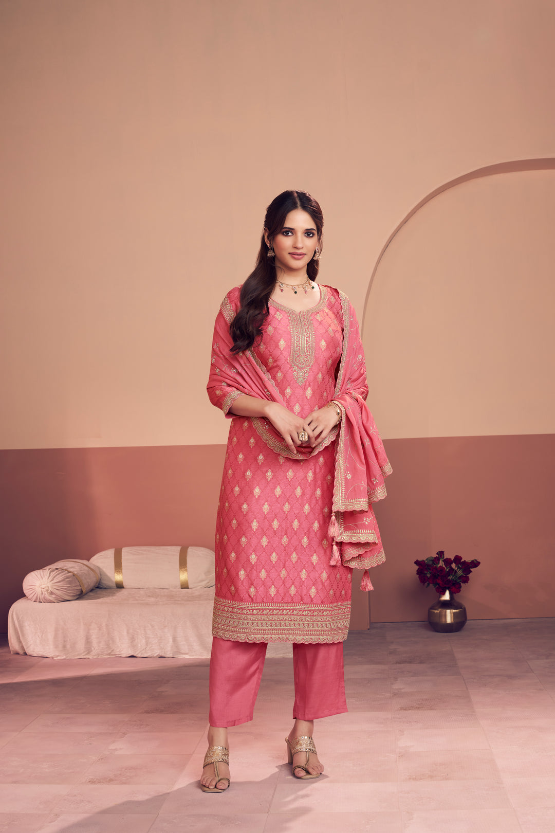 Pink Jacquard Straight Kurta With Dyed Trousers And Embroidery Dupatta