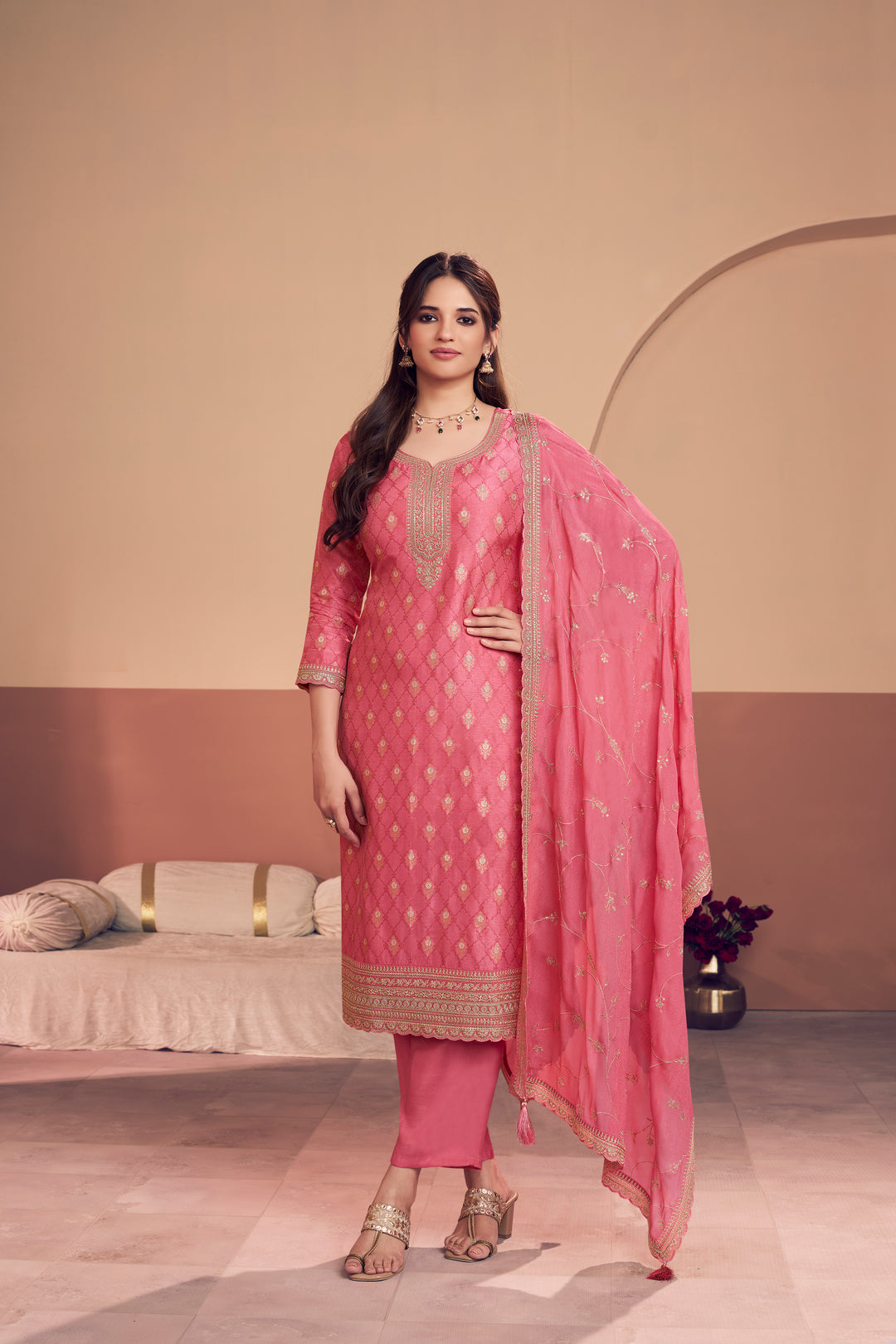 Pink Jacquard Straight Kurta With Dyed Trousers And Embroidery Dupatta