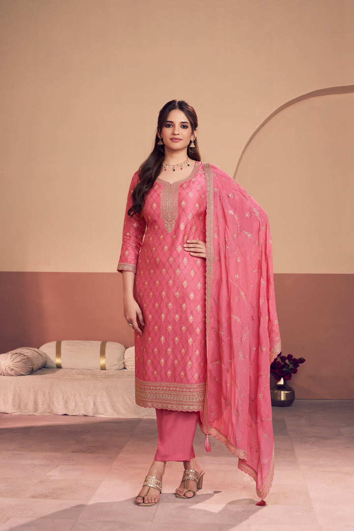 Pink Jacquard Straight Kurta With Dyed Trousers And Embroidery Dupatta