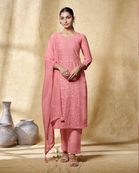 Peach Embroidery With Lace Work Straight Kurta With Dyed Trousers And Embroidery Dupattaers And Embroidery Dupatta