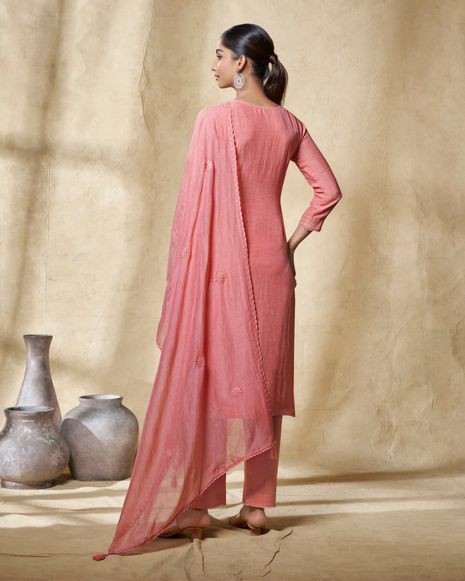 Peach Embroidery With Lace Work Straight Kurta With Dyed Trousers And Embroidery Dupattaers And Embroidery Dupatta
