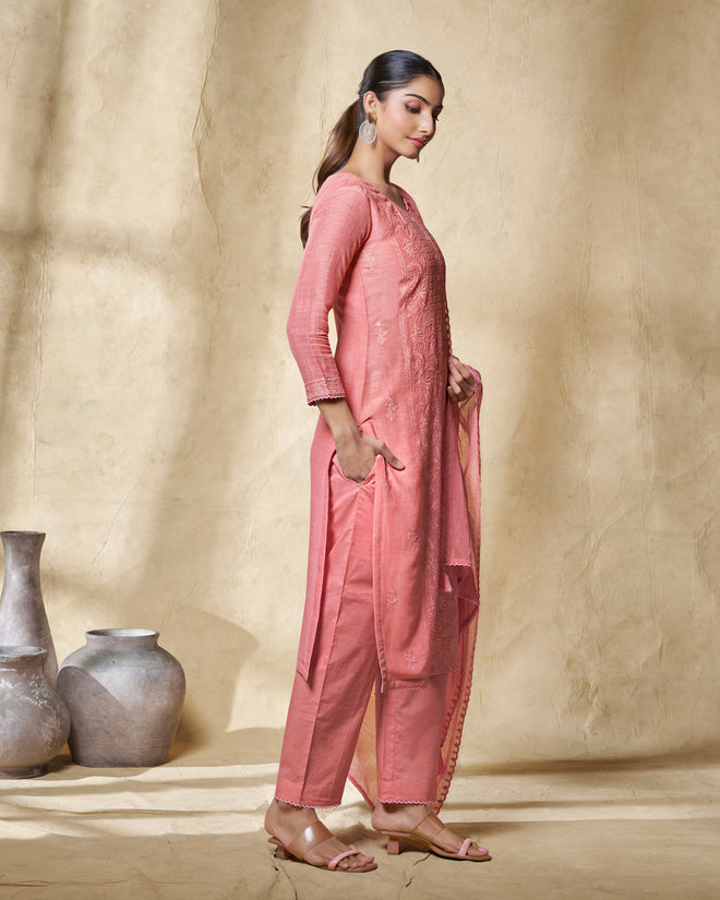 Peach Embroidery With Lace Work Straight Kurta With Dyed Trousers And Embroidery Dupattaers And Embroidery Dupatta