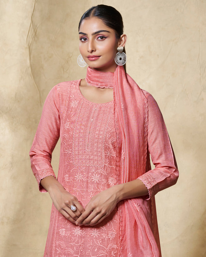 Peach Embroidery With Lace Work Straight Kurta With Dyed Trousers And Embroidery Dupattaers And Embroidery Dupatta