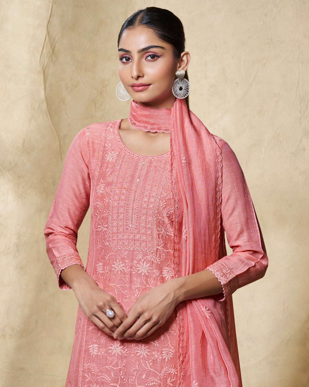 Peach Embroidery With Lace Work Straight Kurta With Dyed Trousers And Embroidery Dupattaers And Embroidery Dupatta
