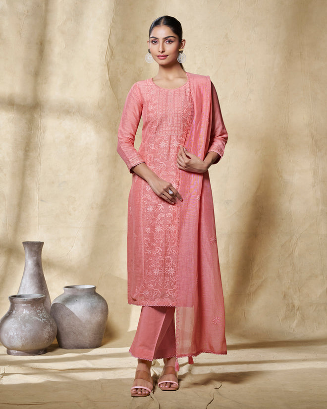 Peach Embroidery With Lace Work Straight Kurta With Dyed Trousers And Embroidery Dupattaers And Embroidery Dupatta
