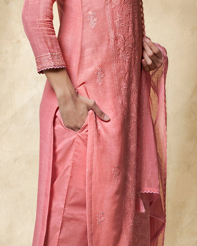 Peach Embroidery With Lace Work Straight Kurta With Dyed Trousers And Embroidery Dupattaers And Embroidery Dupatta