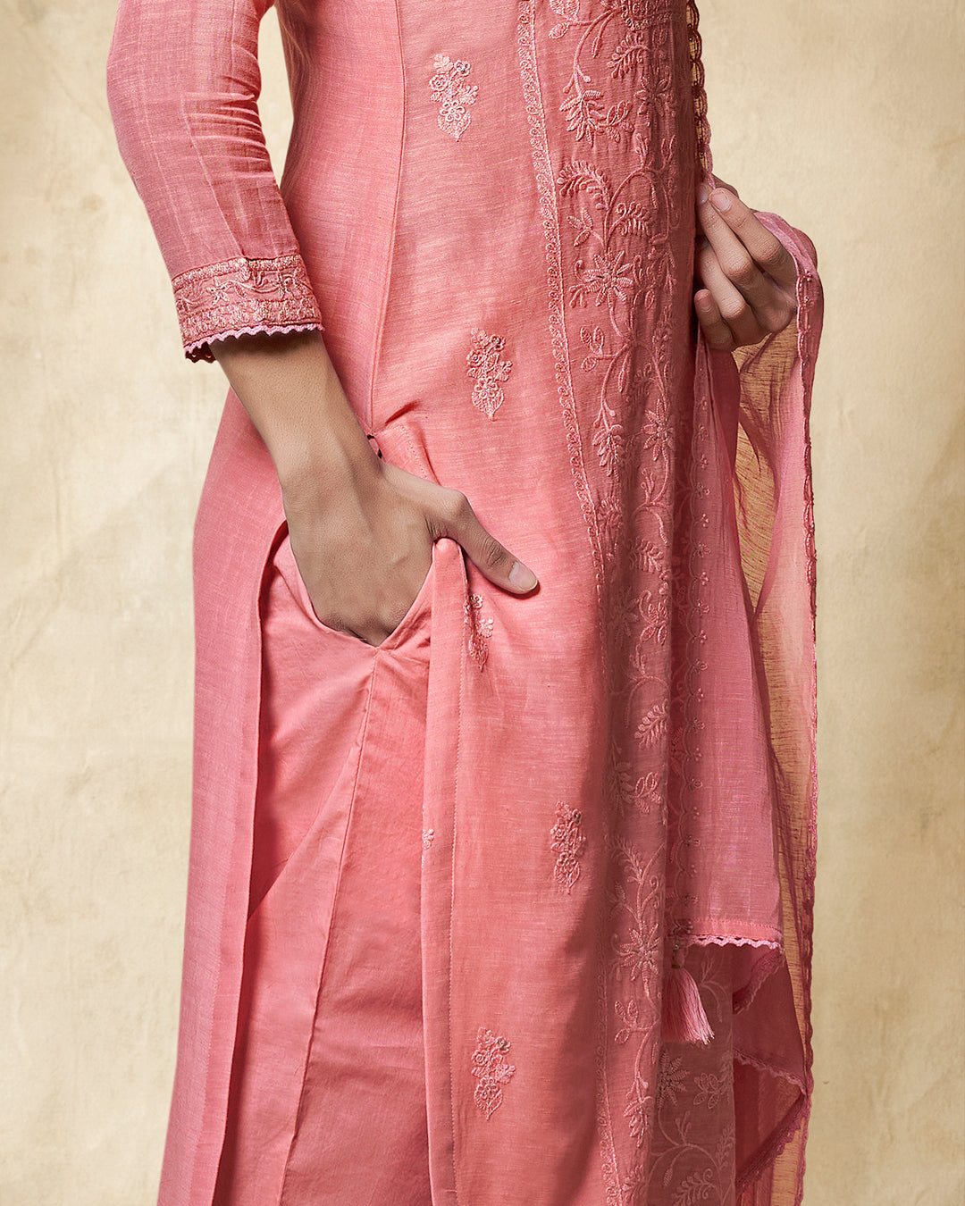 PEACH EMBROIDERY WITH LACE WORK STRAIGHT KURTA WITH DYED TROUSERS AND EMBROIDERY DUPATTA