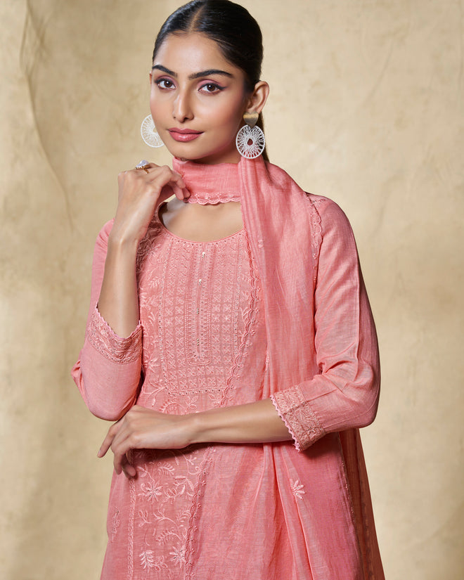Peach Embroidery With Lace Work Straight Kurta With Dyed Trousers And Embroidery Dupattaers And Embroidery Dupatta