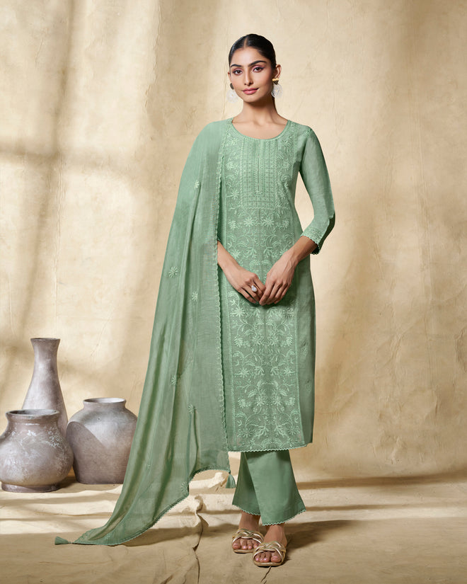 Green Embroidery With Lace Work Straight Kurta With Dyed Trousers And Embroidery Dupatta