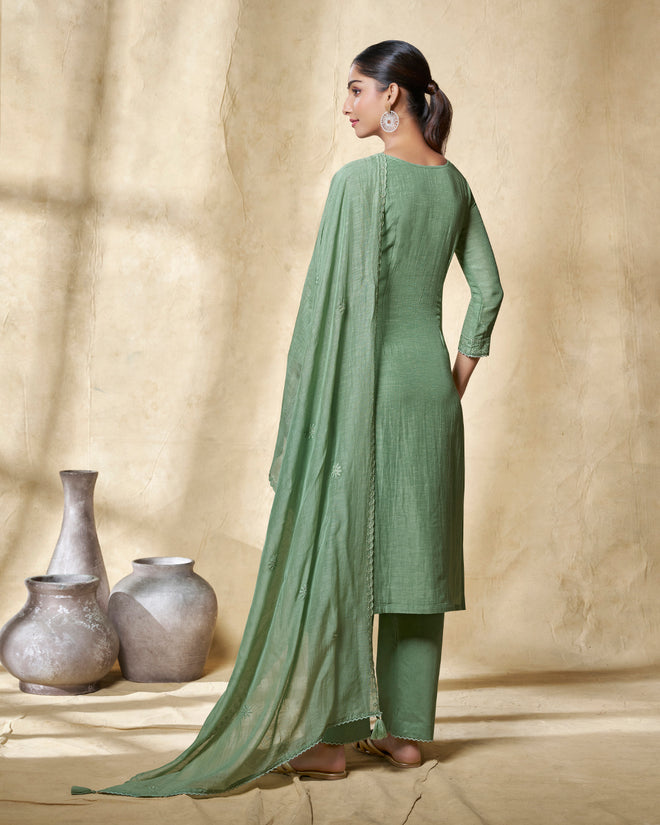 Green Embroidery With Lace Work Straight Kurta With Dyed Trousers And Embroidery Dupatta