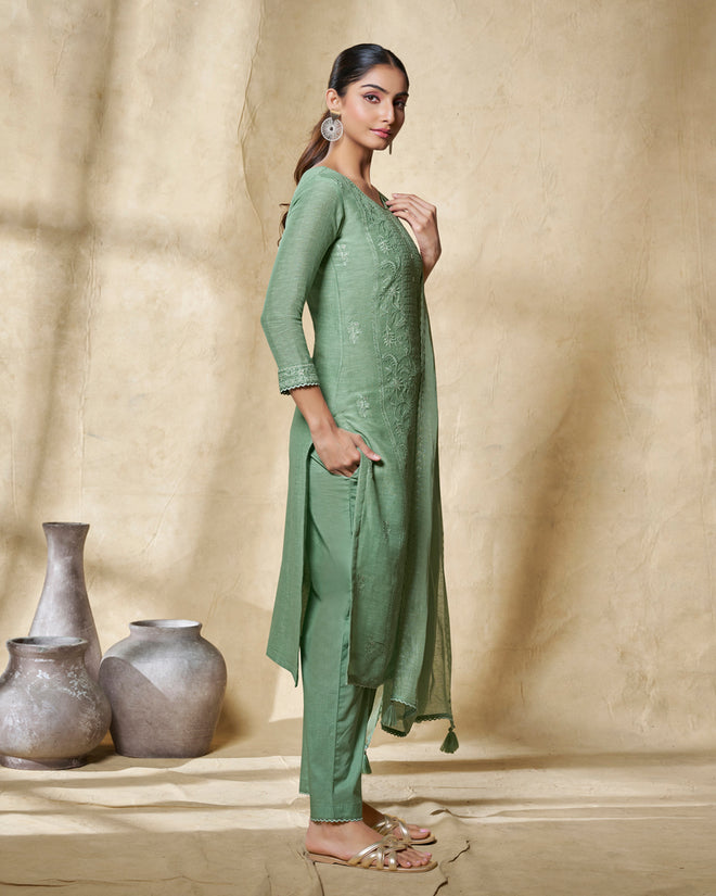 Green Embroidery With Lace Work Straight Kurta With Dyed Trousers And Embroidery Dupatta