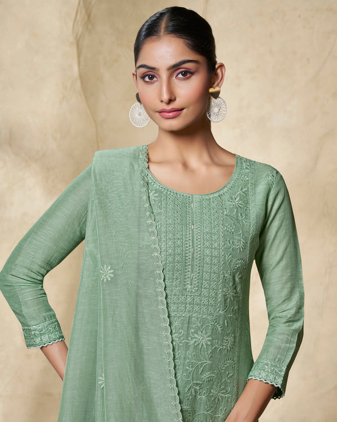 Green Embroidery With Lace Work Straight Kurta With Dyed Trousers And Embroidery Dupatta