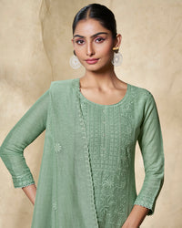 Green Embroidery With Lace Work Straight Kurta With Dyed Trousers And Embroidery Dupatta