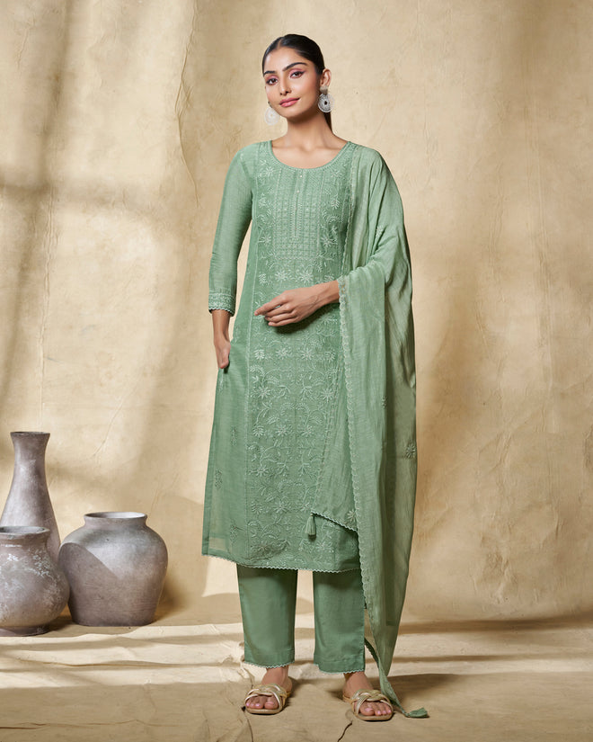 Green Embroidery With Lace Work Straight Kurta With Dyed Trousers And Embroidery Dupatta