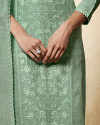 Green Embroidery With Lace Work Straight Kurta With Dyed Trousers And Embroidery Dupatta