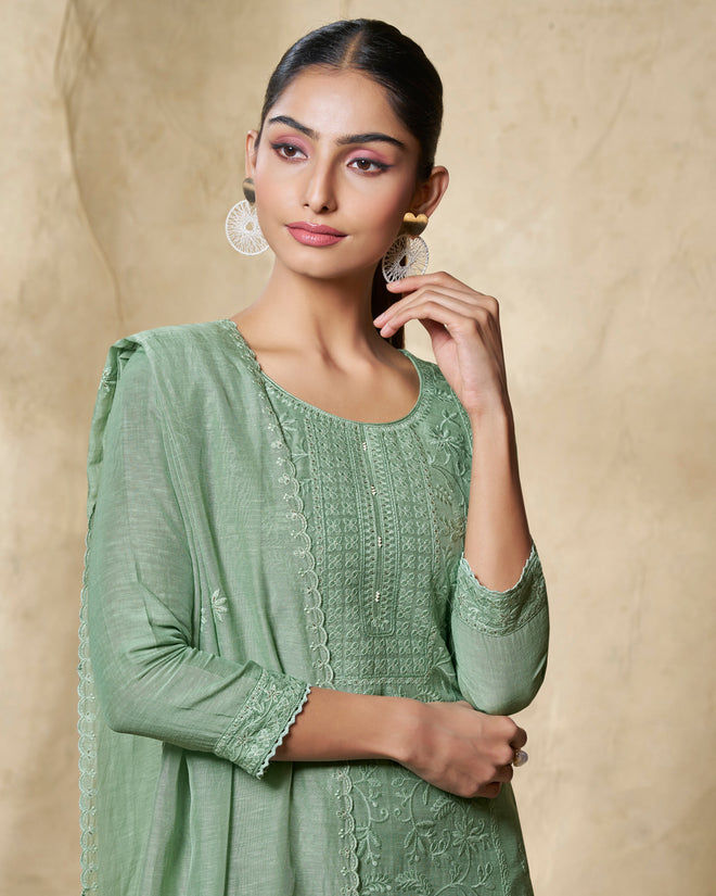 Green Embroidery With Lace Work Straight Kurta With Dyed Trousers And Embroidery Dupatta