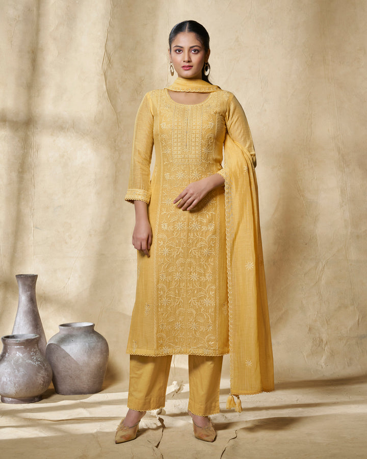 YELLOW EMBROIDERY WITH LACE WORK STRAIGHT KURTA WITH DYED TROUSERS AND EMBROIDERY DUPATTA