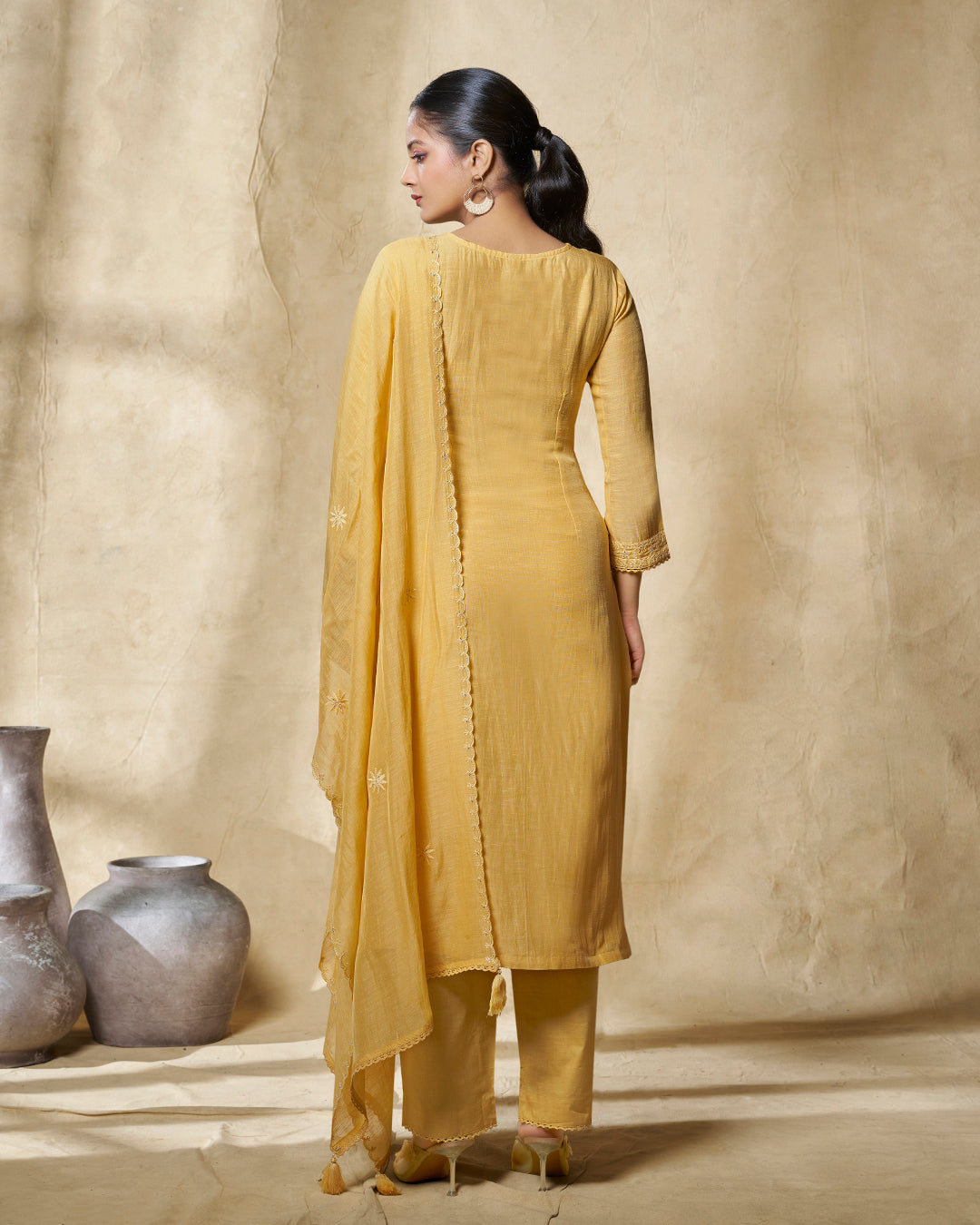YELLOW EMBROIDERY WITH LACE WORK STRAIGHT KURTA WITH DYED TROUSERS AND EMBROIDERY DUPATTA