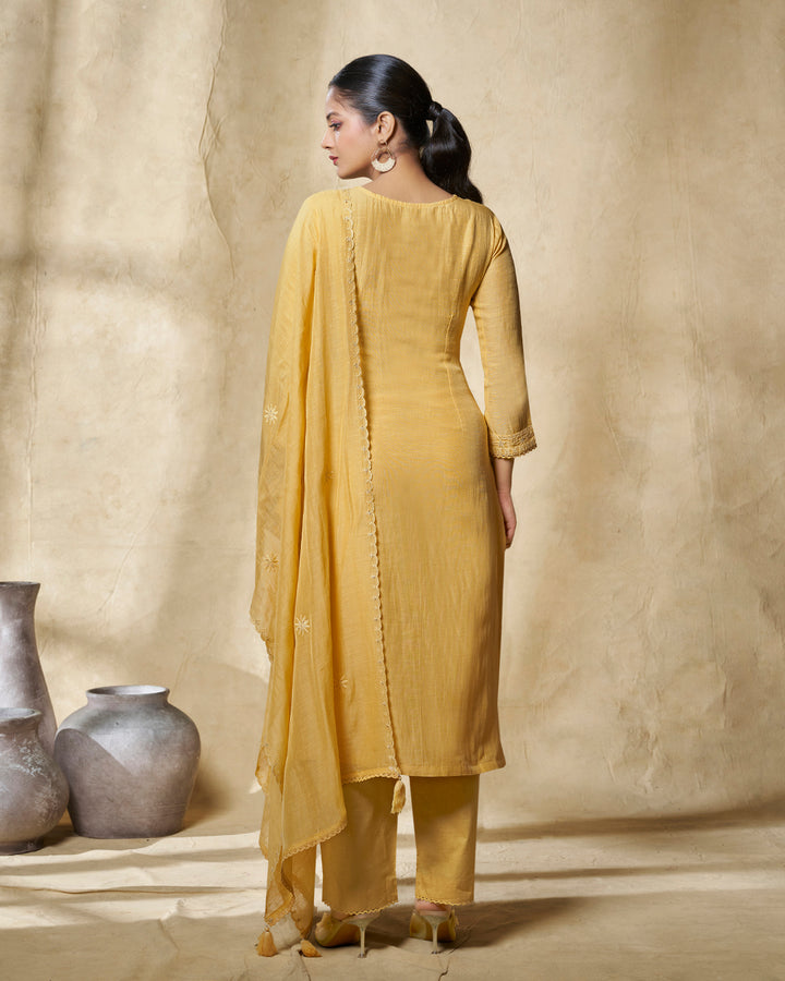 YELLOW EMBROIDERY WITH LACE WORK STRAIGHT KURTA WITH DYED TROUSERS AND EMBROIDERY DUPATTA