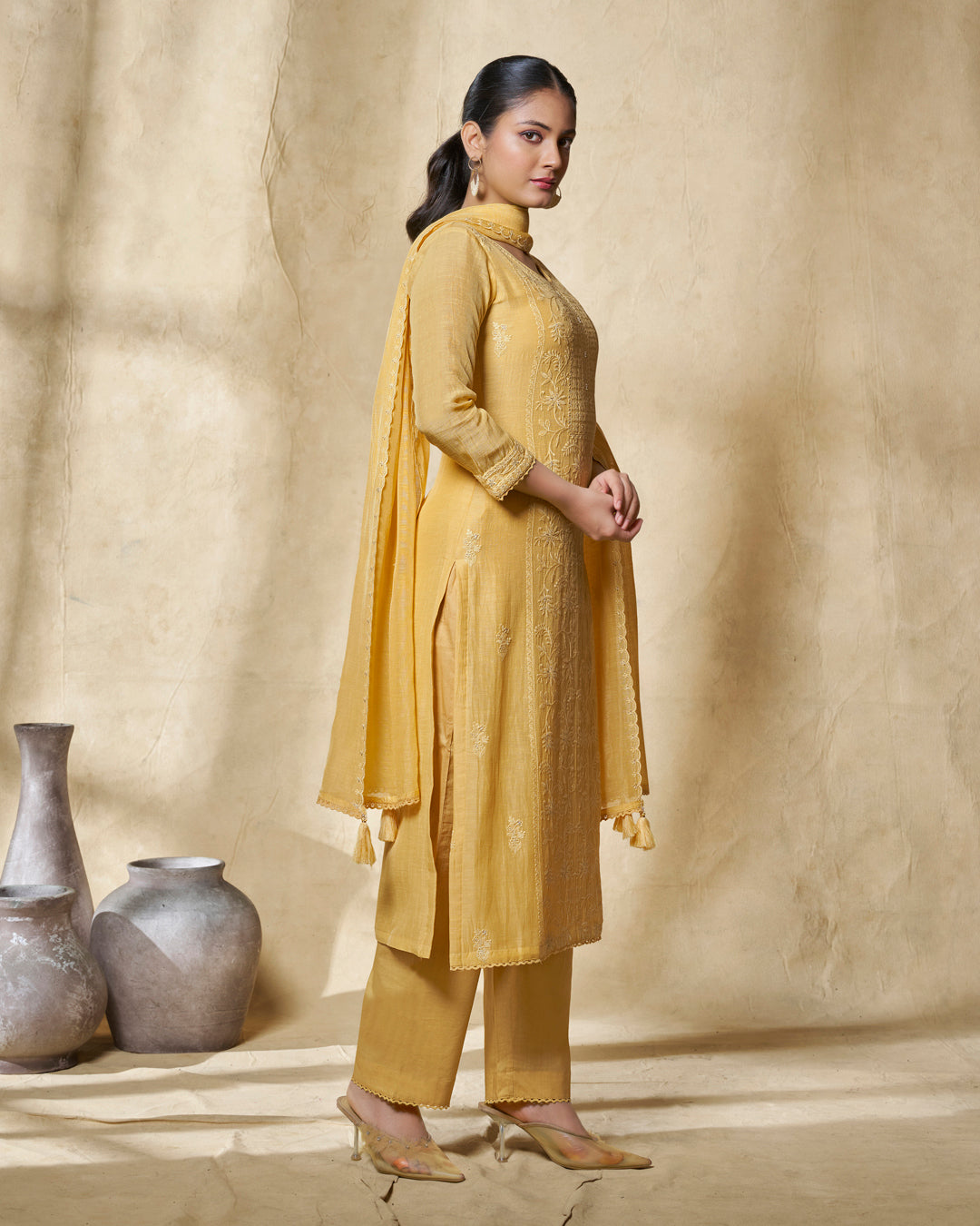 YELLOW EMBROIDERY WITH LACE WORK STRAIGHT KURTA WITH DYED TROUSERS AND EMBROIDERY DUPATTA