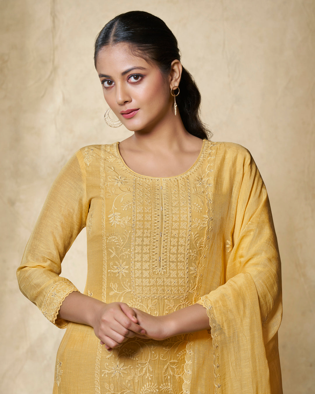 YELLOW EMBROIDERY WITH LACE WORK STRAIGHT KURTA WITH DYED TROUSERS AND EMBROIDERY DUPATTA