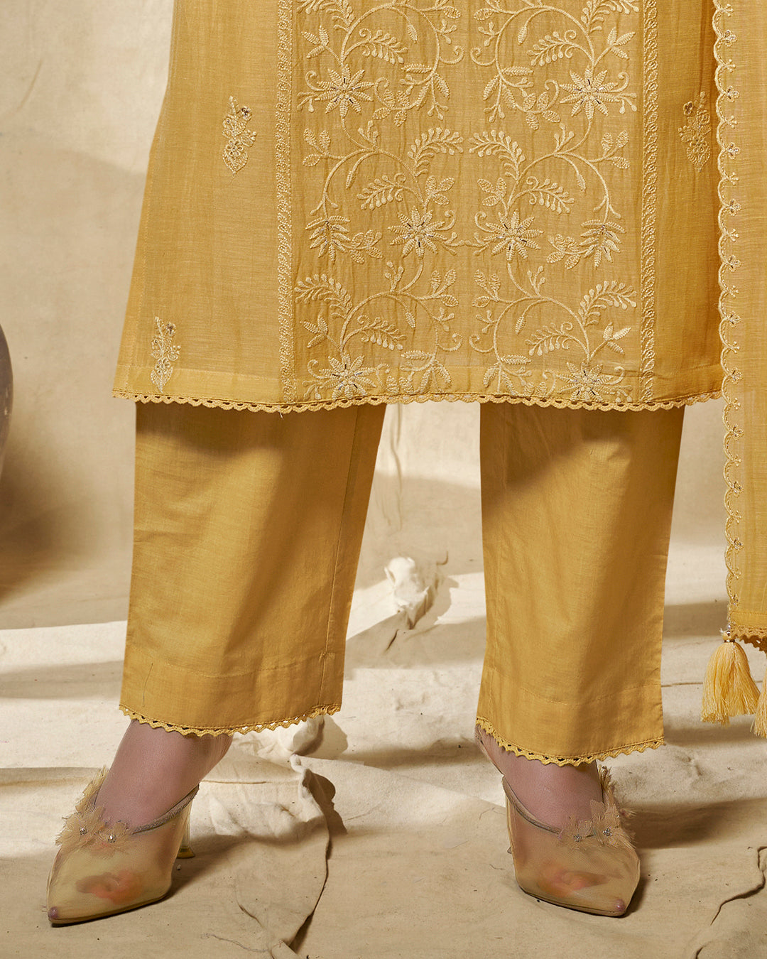 YELLOW EMBROIDERY WITH LACE WORK STRAIGHT KURTA WITH DYED TROUSERS AND EMBROIDERY DUPATTA