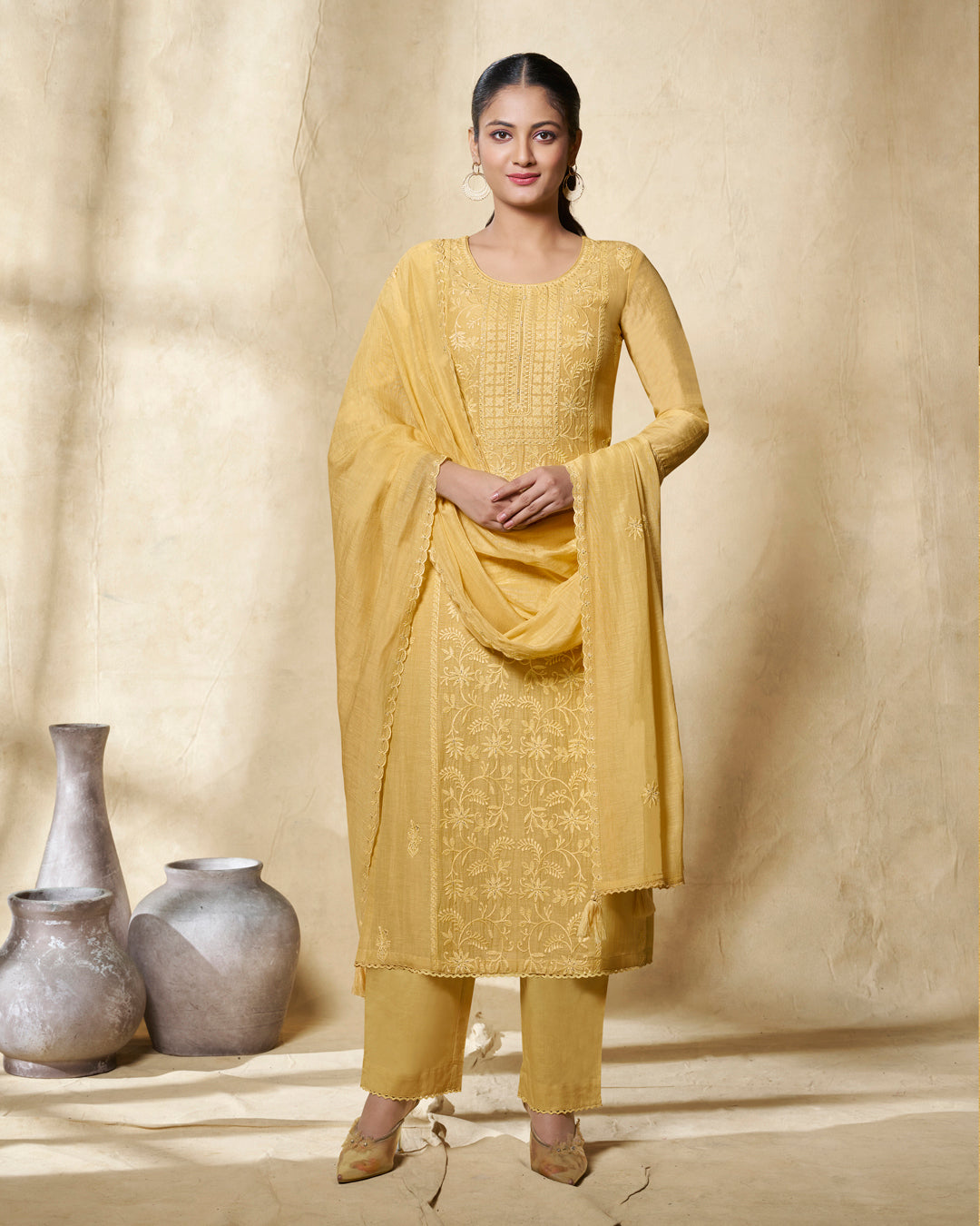 YELLOW EMBROIDERY WITH LACE WORK STRAIGHT KURTA WITH DYED TROUSERS AND EMBROIDERY DUPATTA