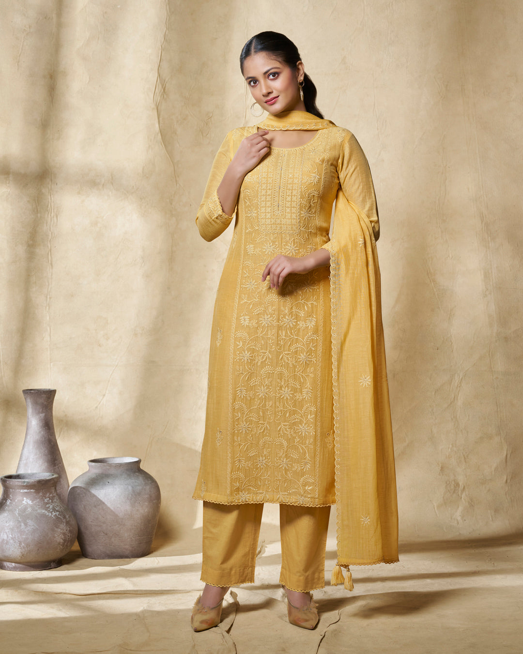 YELLOW EMBROIDERY WITH LACE WORK STRAIGHT KURTA WITH DYED TROUSERS AND EMBROIDERY DUPATTA