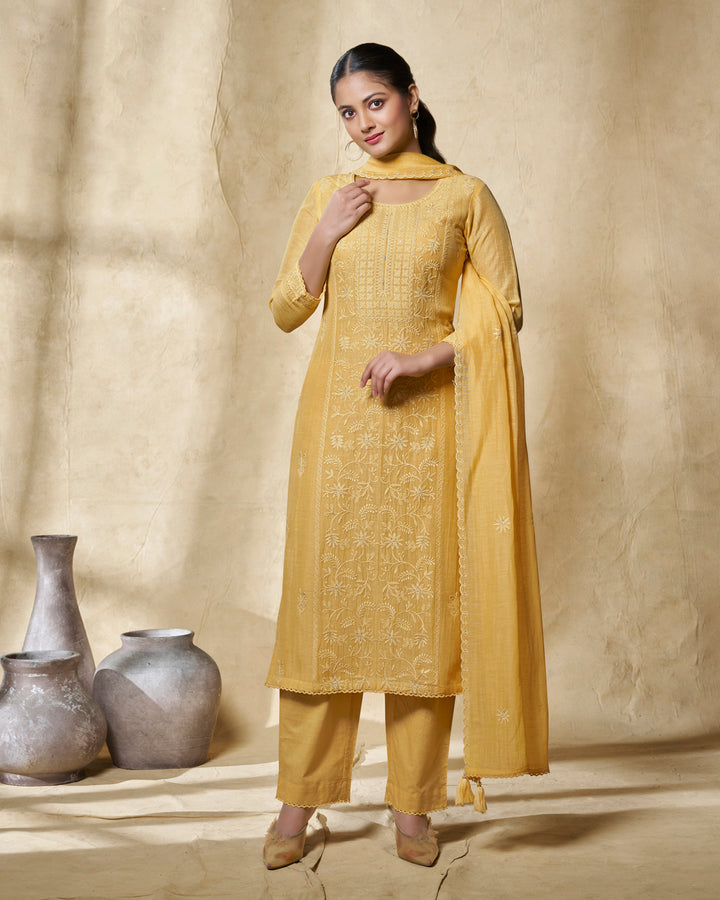 YELLOW EMBROIDERY WITH LACE WORK STRAIGHT KURTA WITH DYED TROUSERS AND EMBROIDERY DUPATTA