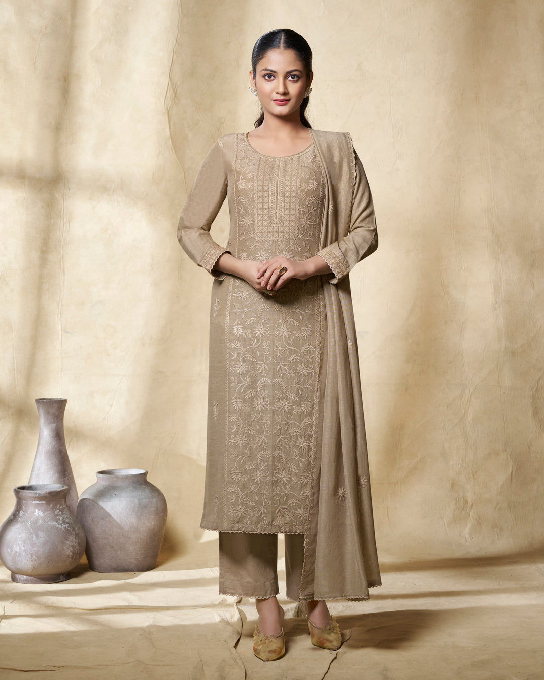 Beige Embroidery With Lace Work Straight Kurta With Dyed Trousers And Embroidery Dupatta