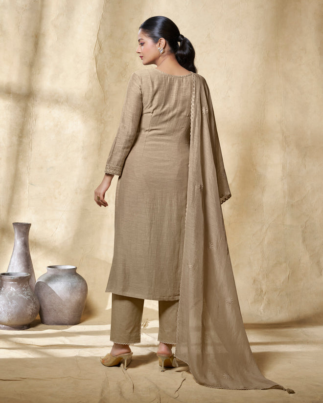Beige Embroidery With Lace Work Straight Kurta With Dyed Trousers And Embroidery Dupatta