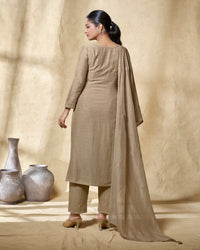 Beige Embroidery With Lace Work Straight Kurta With Dyed Trousers And Embroidery Dupatta