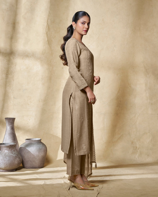 Beige Embroidery With Lace Work Straight Kurta With Dyed Trousers And Embroidery Dupatta