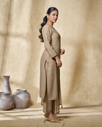Beige Embroidery With Lace Work Straight Kurta With Dyed Trousers And Embroidery Dupatta