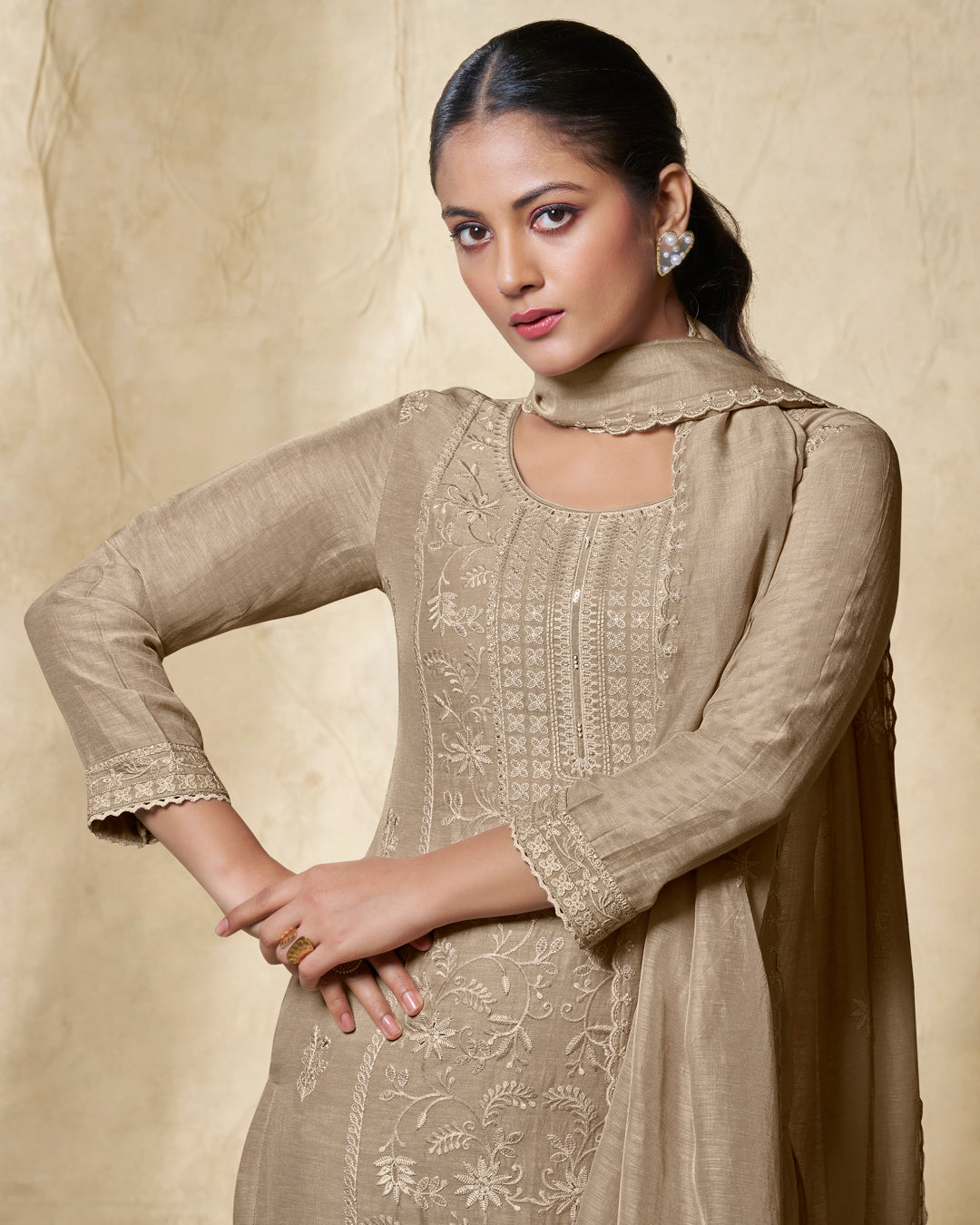 BEIGE EMBROIDERY WITH LACE WORK STRAIGHT KURTA WITH DYED TROUSERS AND EMBROIDERY DUPATTA