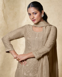 Beige Embroidery With Lace Work Straight Kurta With Dyed Trousers And Embroidery Dupatta
