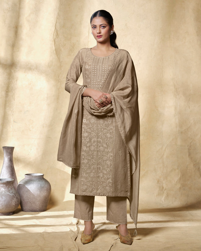 Beige Embroidery With Lace Work Straight Kurta With Dyed Trousers And Embroidery Dupatta