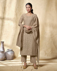 Beige Embroidery With Lace Work Straight Kurta With Dyed Trousers And Embroidery Dupatta