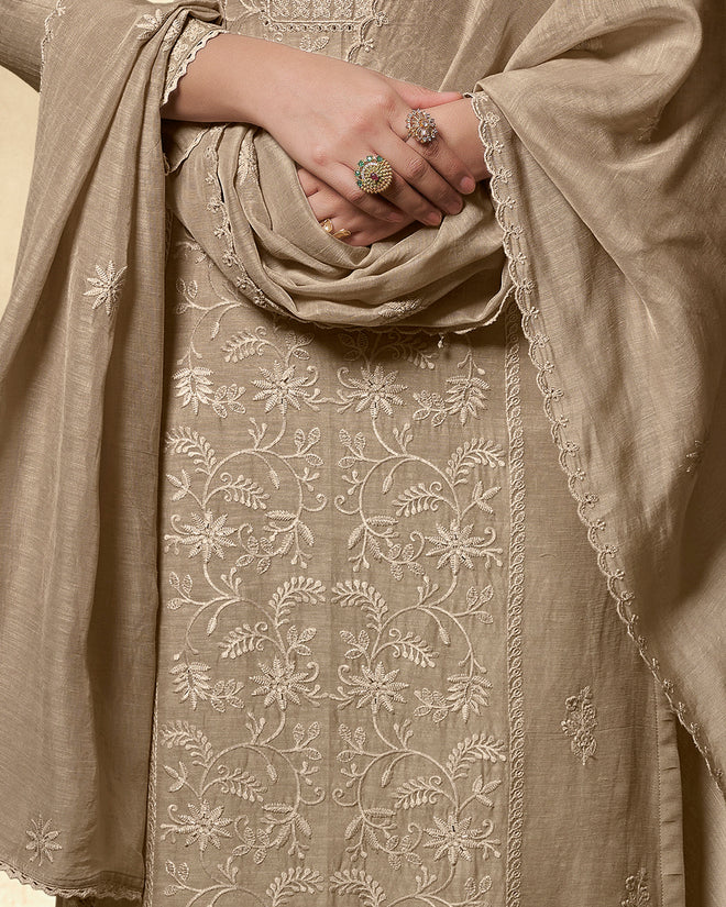 Beige Embroidery With Lace Work Straight Kurta With Dyed Trousers And Embroidery Dupatta