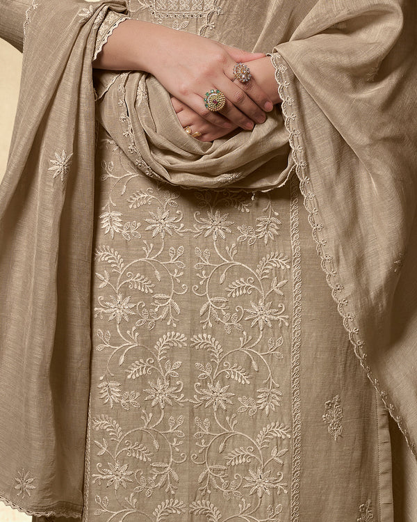 Beige Embroidery With Lace Work Straight Kurta With Dyed Trousers And Embroidery Dupatta