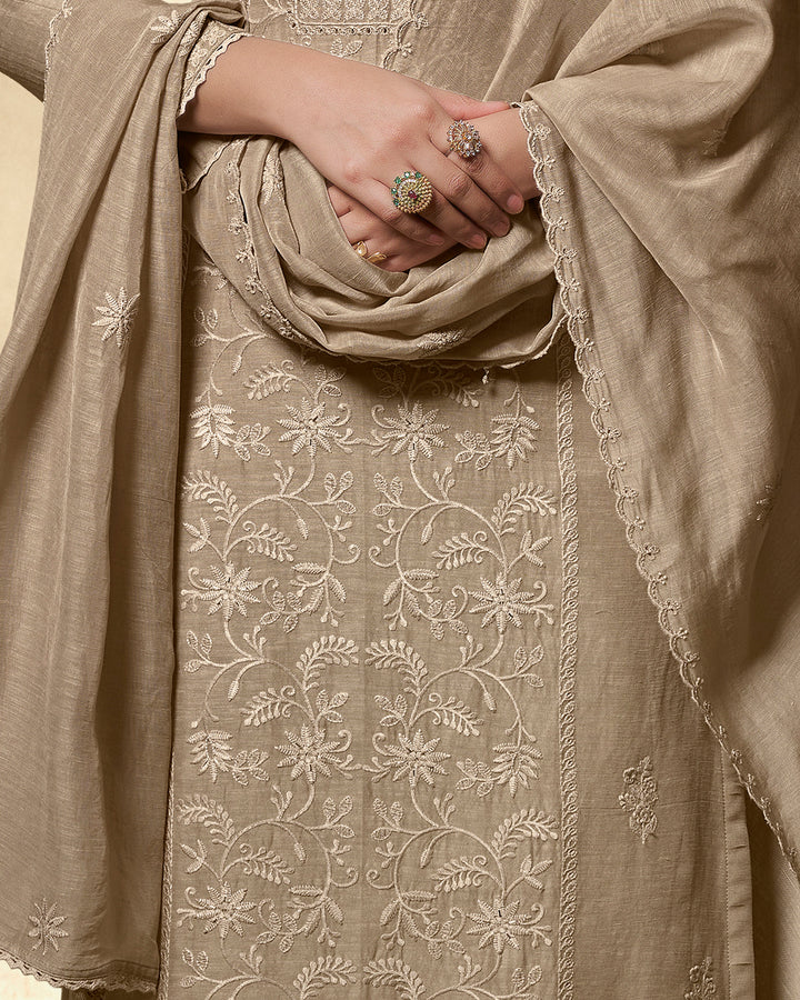 BEIGE EMBROIDERY WITH LACE WORK STRAIGHT KURTA WITH DYED TROUSERS AND EMBROIDERY DUPATTA