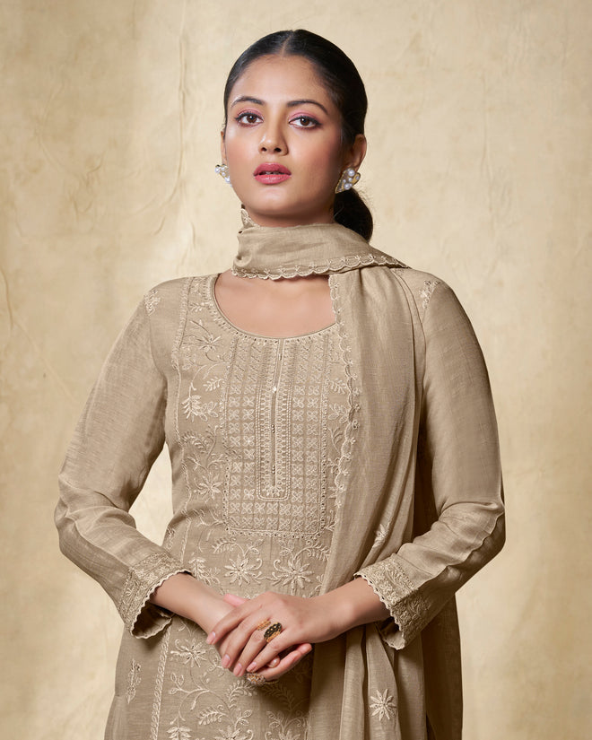 Beige Embroidery With Lace Work Straight Kurta With Dyed Trousers And Embroidery Dupatta