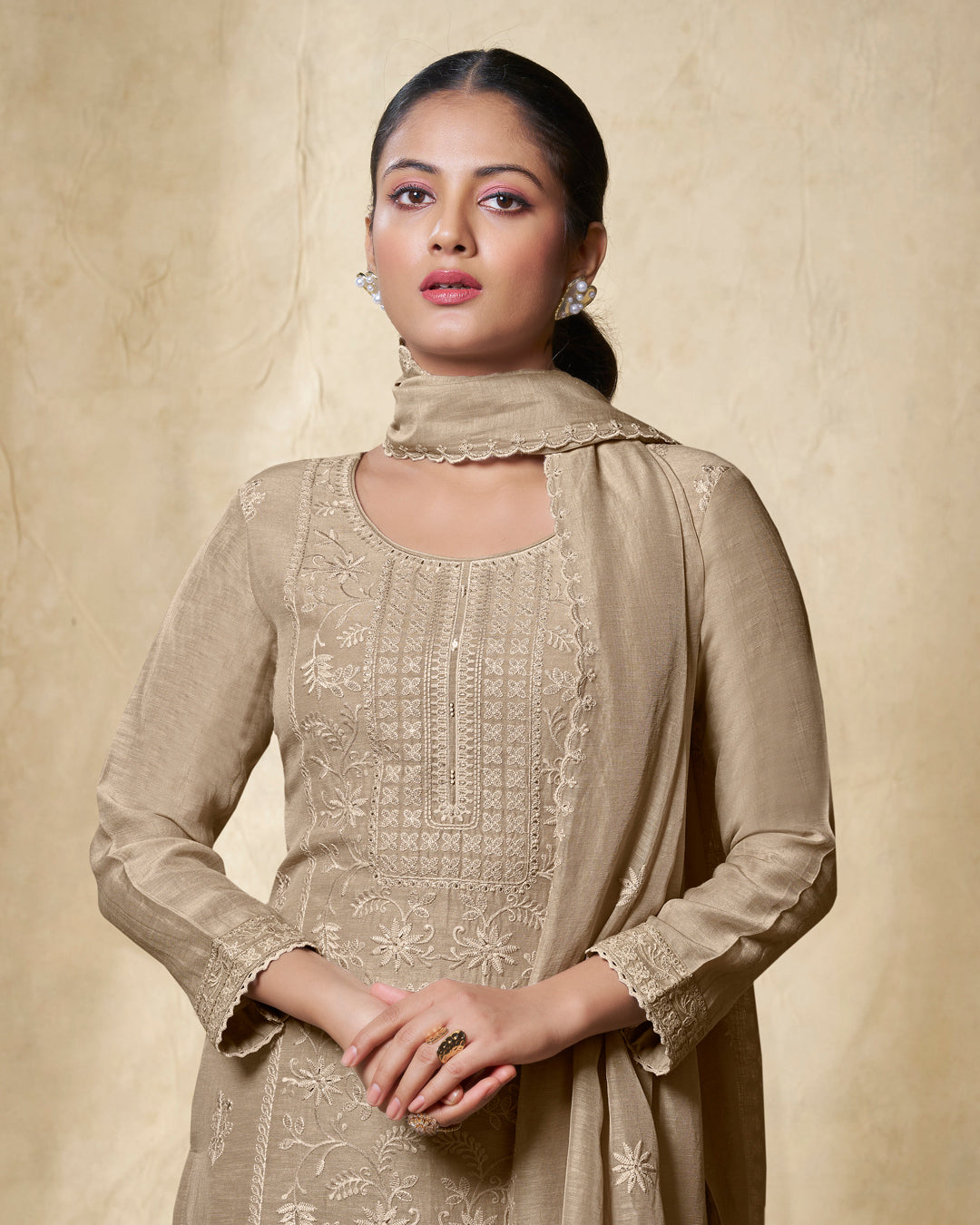 BEIGE EMBROIDERY WITH LACE WORK STRAIGHT KURTA WITH DYED TROUSERS AND EMBROIDERY DUPATTA