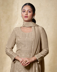 Beige Embroidery With Lace Work Straight Kurta With Dyed Trousers And Embroidery Dupatta