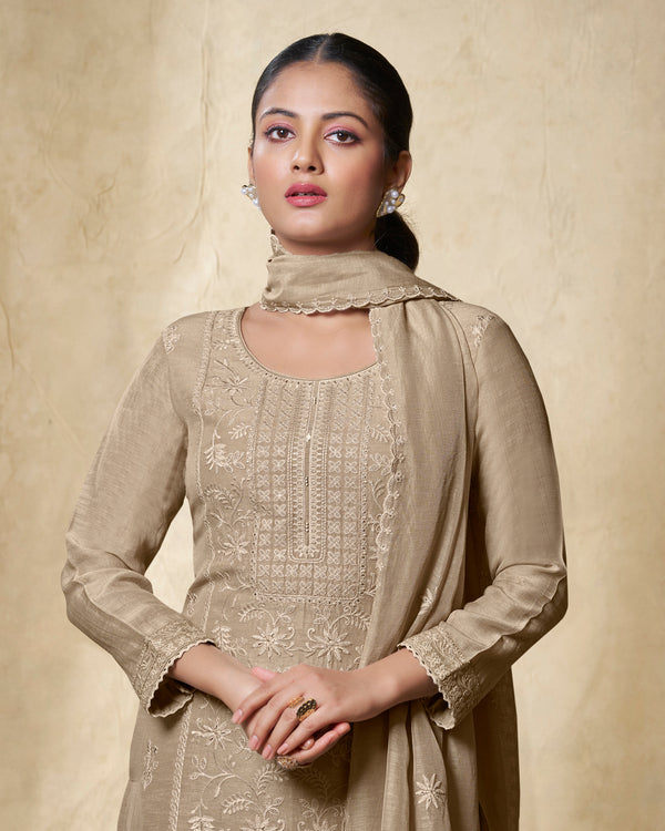 Beige Embroidery With Lace Work Straight Kurta With Dyed Trousers And Embroidery Dupatta