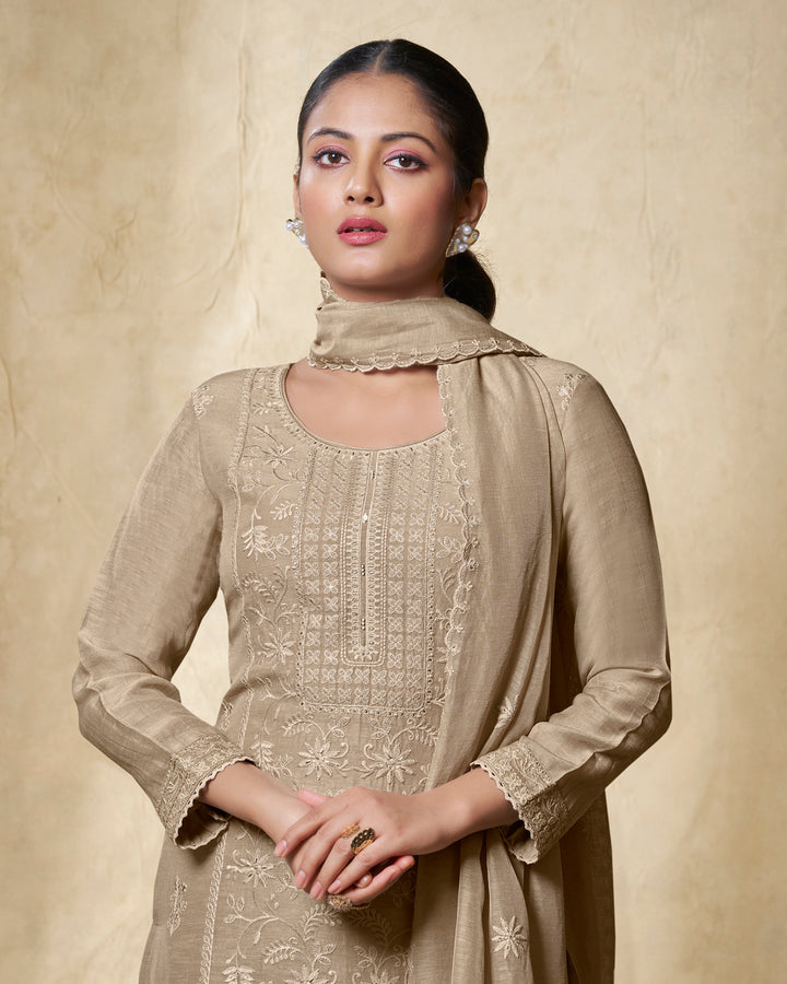 BEIGE EMBROIDERY WITH LACE WORK STRAIGHT KURTA WITH DYED TROUSERS AND EMBROIDERY DUPATTA