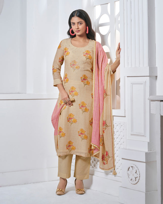Beige Embroidery With Printed Straight Kurta With Dyed Trousers And Printed Dupatta