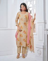 Beige Embroidery With Printed Straight Kurta With Dyed Trousers And Printed Dupatta