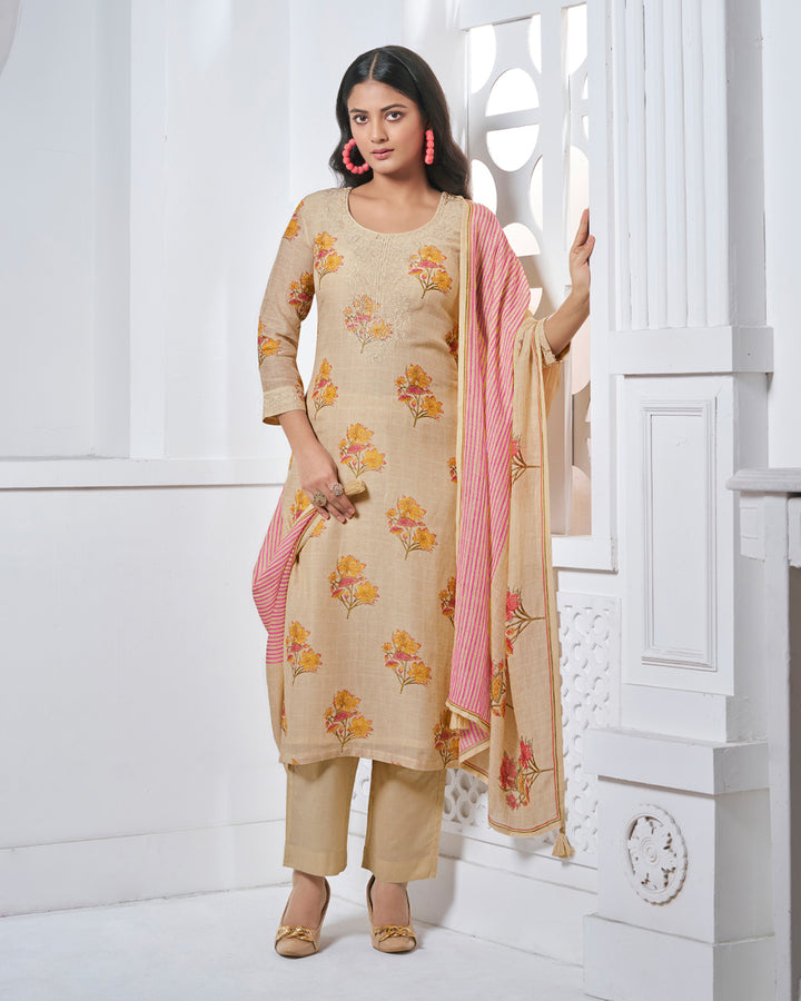 BEIGE EMBROIDERY WITH PRINTED STRAIGHT KURTA WITH DYED TROUSERS AND PRINTED DUPATTA
