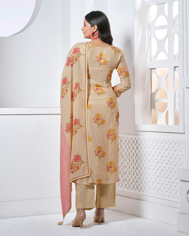 Beige Embroidery With Printed Straight Kurta With Dyed Trousers And Printed Dupatta